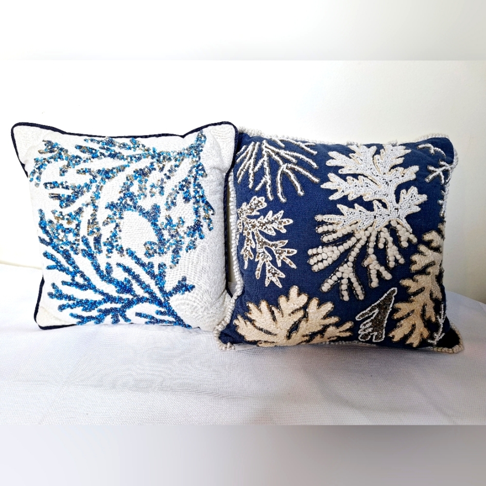 Coastal Collection brand"Beaded Under The Sea" Beaded coral print accent pillows